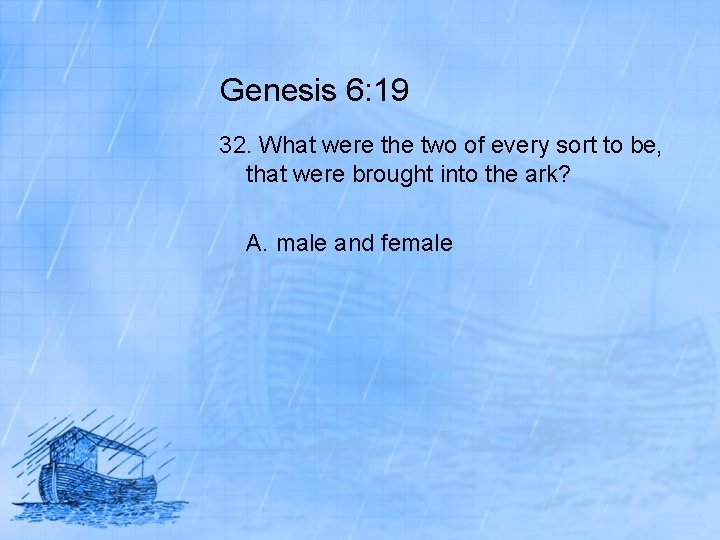 Genesis 6: 19 32. What were the two of every sort to be, that