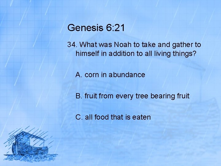 Genesis 6: 21 34. What was Noah to take and gather to himself in