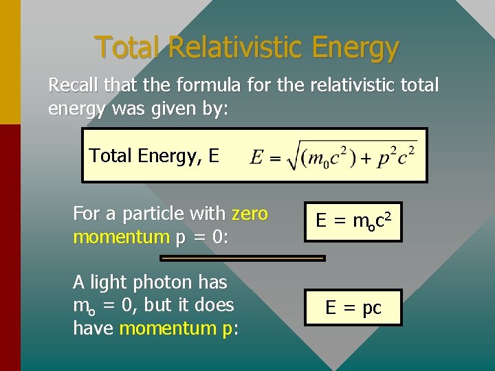 Total Relativistic Energy Recall that the formula for the relativistic total energy was given