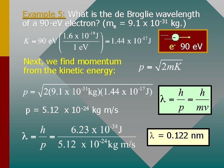 Example 5: What is the de Broglie wavelength of a 90 -e. V electron?