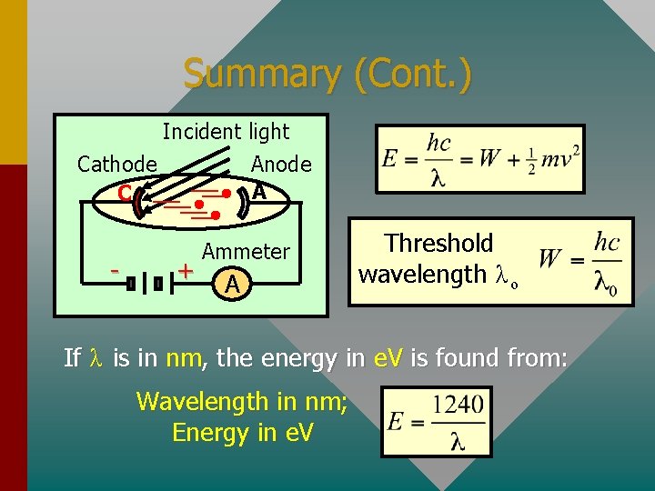 Summary (Cont. ) Incident light Cathode C - Anode A + Ammeter A Threshold
