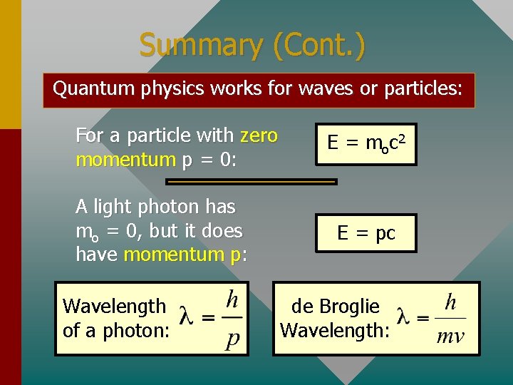 Summary (Cont. ) Quantum physics works for waves or particles: For a particle with