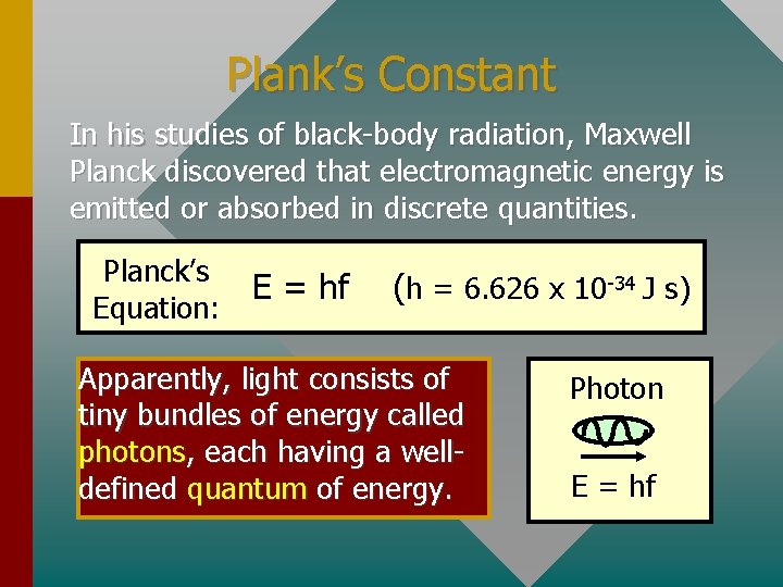 Plank’s Constant In his studies of black-body radiation, Maxwell Planck discovered that electromagnetic energy