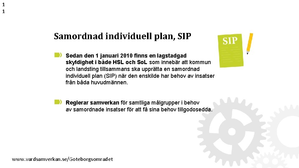 1 1 Samordnad individuell plan, SIP Sedan den 1 januari 2010 finns en lagstadgad