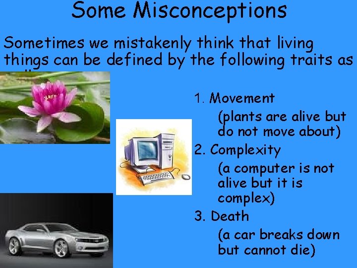 Some Misconceptions Sometimes we mistakenly think that living things can be defined by the