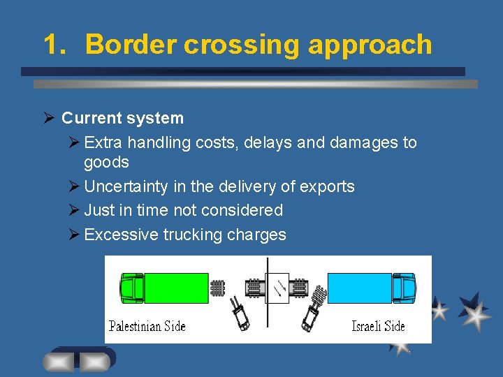 1. Border crossing approach Ø Current system Ø Extra handling costs, delays and damages
