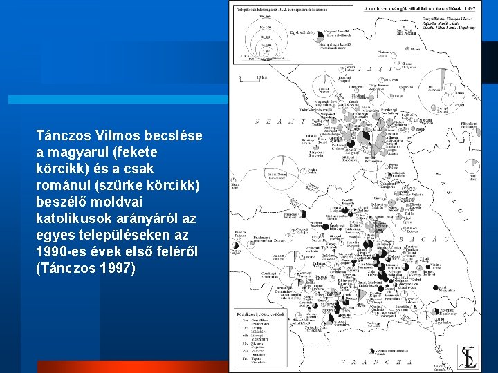 Tánczos Vilmos becslése a magyarul (fekete körcikk) és a csak románul (szürke körcikk) beszélő