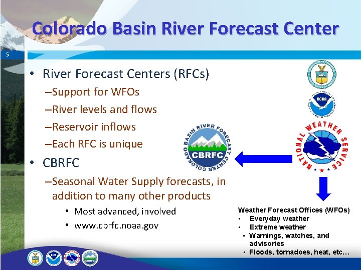 Colorado Basin River Forecast Center 5 • River Forecast Centers (RFCs) –Support for WFOs