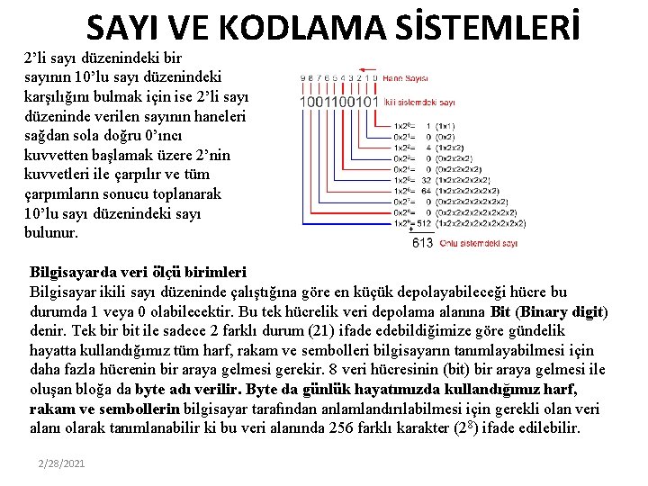 SAYI VE KODLAMA SİSTEMLERİ 2’li sayı düzenindeki bir sayının 10’lu sayı düzenindeki karşılığını bulmak