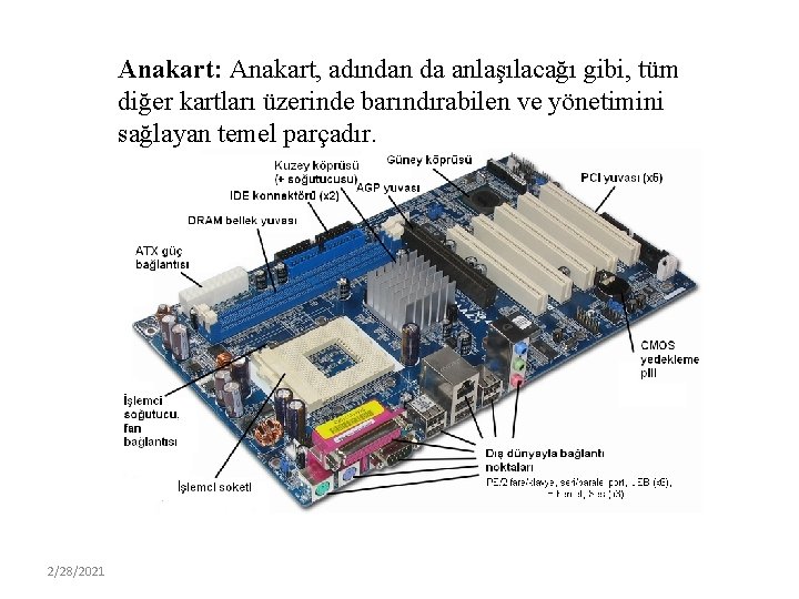 Anakart: Anakart, adından da anlaşılacağı gibi, tüm diğer kartları üzerinde barındırabilen ve yönetimini sağlayan