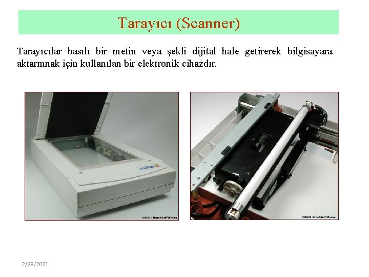 Tarayıcı (Scanner) Tarayıcılar basılı bir metin veya şekli dijital hale getirerek bilgisayara aktarmnak için