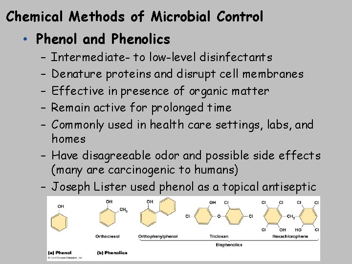Chemical Methods of Microbial Control • Phenol and Phenolics – – – Intermediate- to