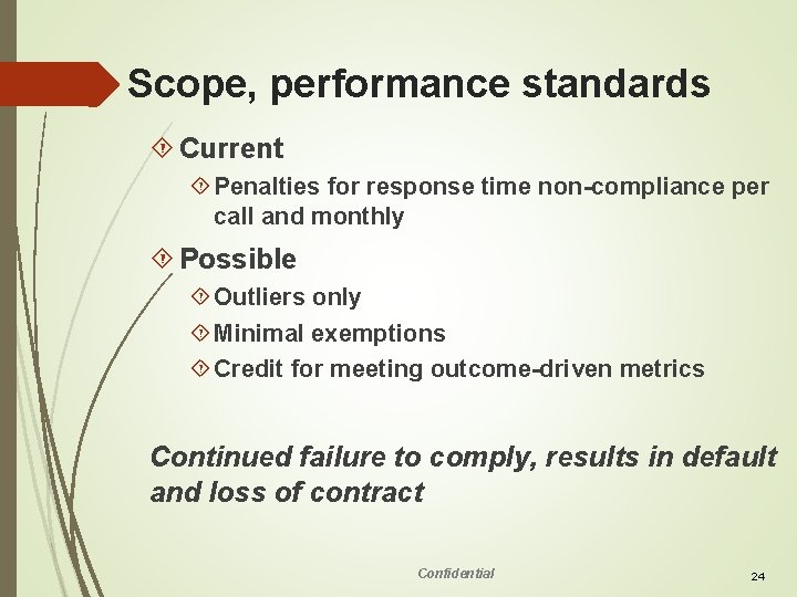 Scope, performance standards Current Penalties for response time non-compliance per call and monthly Possible