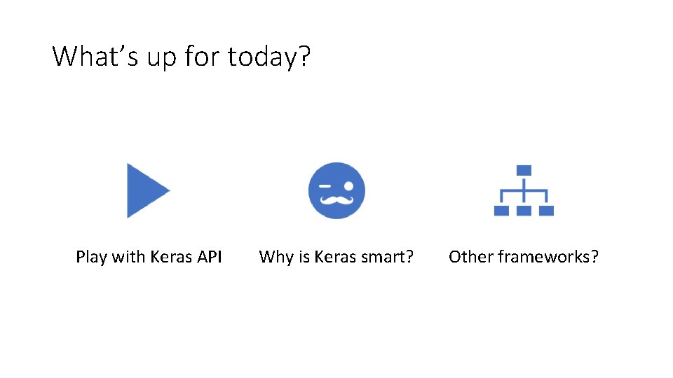 What’s up for today? Play with Keras API Why is Keras smart? Other frameworks?