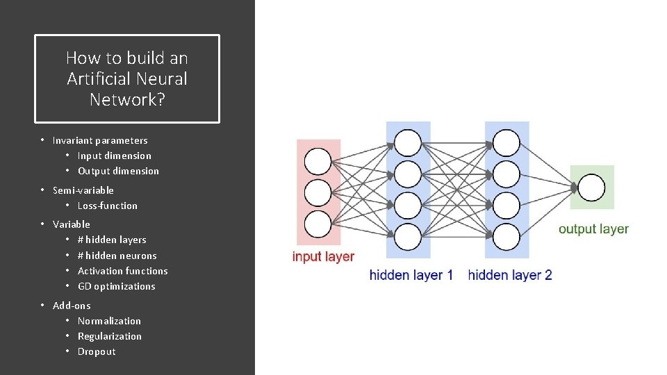 How to build an Artificial Neural Network? • Invariant parameters • Input dimension •