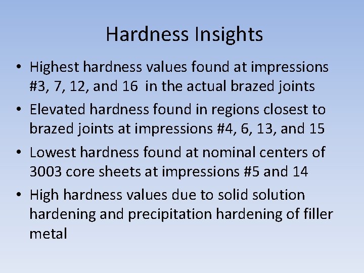 Hardness Insights • Highest hardness values found at impressions #3, 7, 12, and 16
