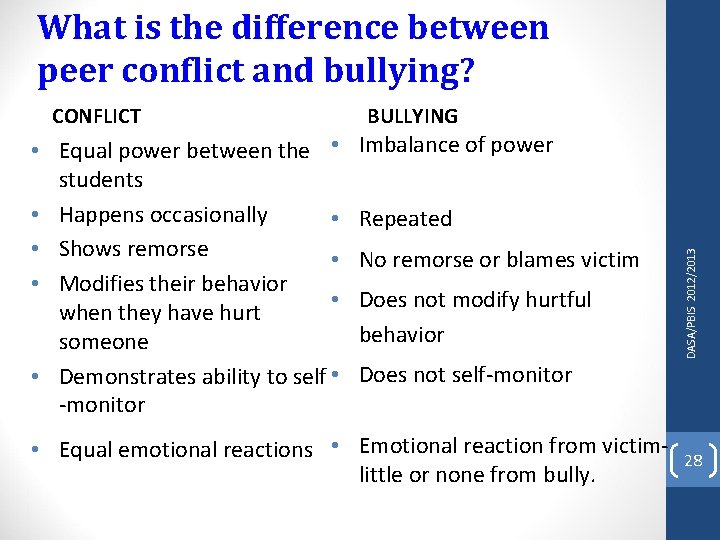 What is the difference between peer conflict and bullying? • Equal power between the