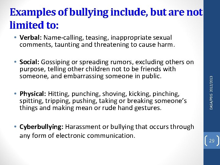 Examples of bullying include, but are not limited to: • Social: Gossiping or spreading