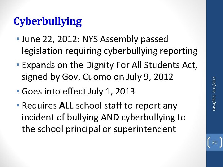  • June 22, 2012: NYS Assembly passed legislation requiring cyberbullying reporting • Expands