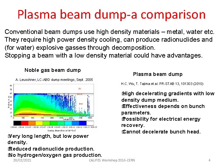 Plasma beam dump-a comparison Conventional beam dumps use high density materials – metal, water