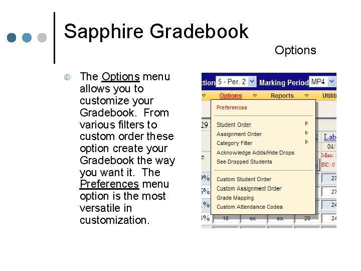 Sapphire Gradebook Options The Options menu allows you to customize your Gradebook. From various