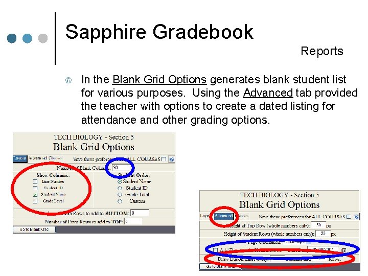 Sapphire Gradebook Reports In the Blank Grid Options generates blank student list for various