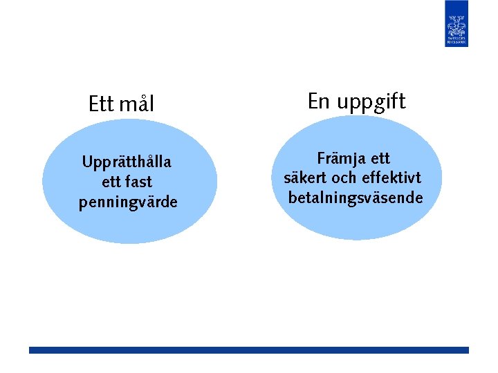 Ett mål Upprätthålla ett fast penningvärde En uppgift Främja ett säkert och effektivt betalningsväsende