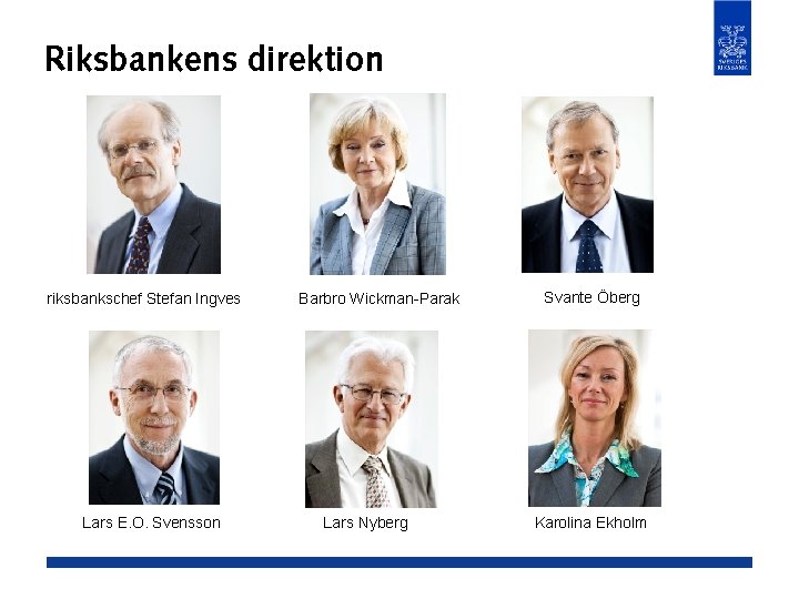 Riksbankens direktion riksbankschef Stefan Ingves Lars E. O. Svensson Barbro Wickman-Parak Lars Nyberg Svante