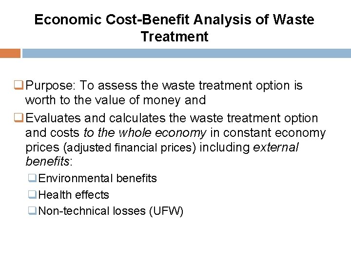 Economic Cost-Benefit Analysis of Waste Treatment q Purpose: To assess the waste treatment option