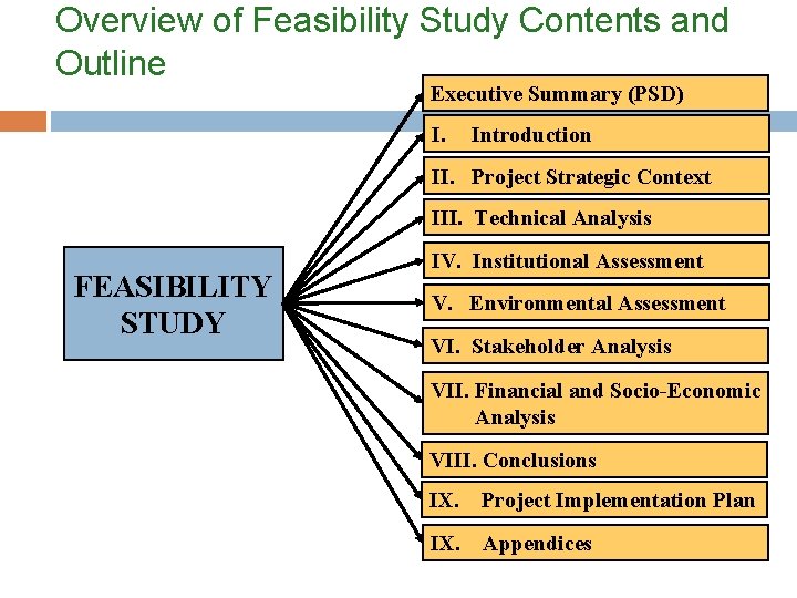 Overview of Feasibility Study Contents and Outline Executive Summary (PSD) I. Introduction II. Project