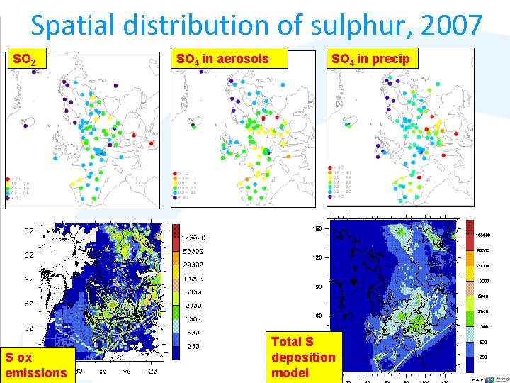 Spatial distribution of sulphur, 2007 SO 2 S ox emissions SO 4 in aerosols