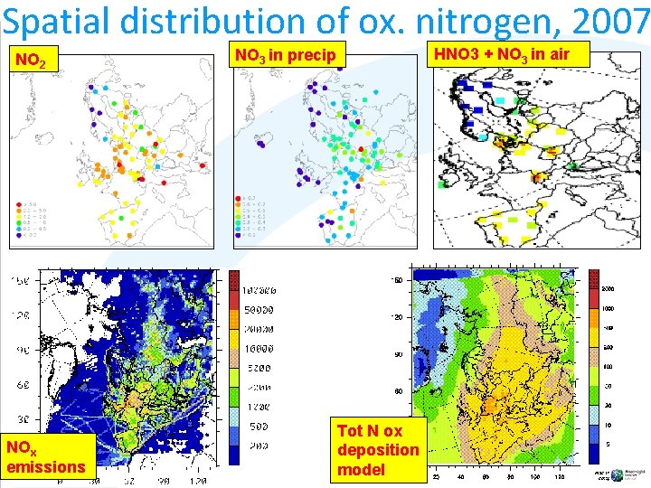Spatial distribution of ox. nitrogen, 2007 NO 2 NOx emissions HNO 3 + NO