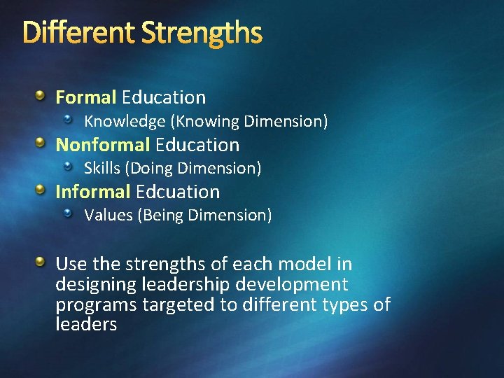 Different Strengths Formal Education Knowledge (Knowing Dimension) Nonformal Education Skills (Doing Dimension) Informal Edcuation