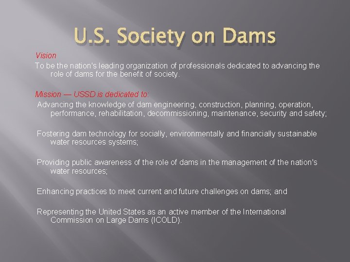 U. S. Society on Dams Vision To be the nation's leading organization of professionals