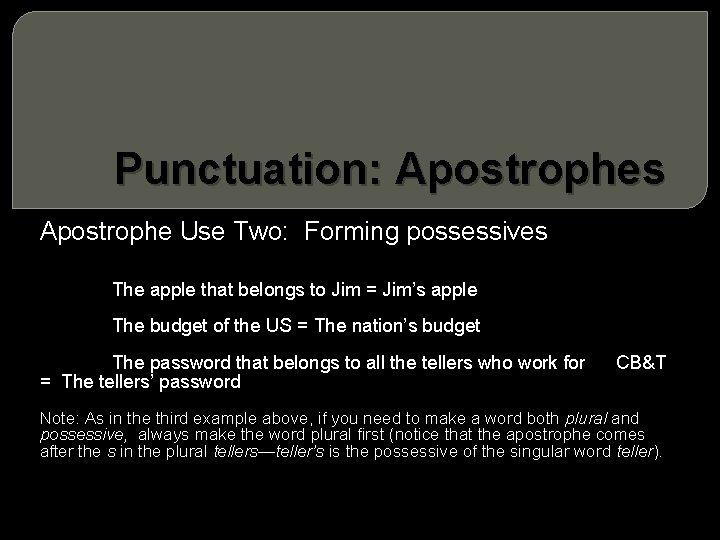 Punctuation: Apostrophes Apostrophe Use Two: Forming possessives The apple that belongs to Jim =