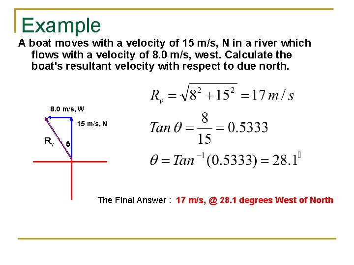 Example A boat moves with a velocity of 15 m/s, N in a river