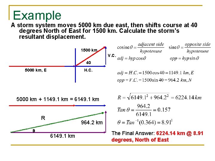 Example A storm system moves 5000 km due east, then shifts course at 40