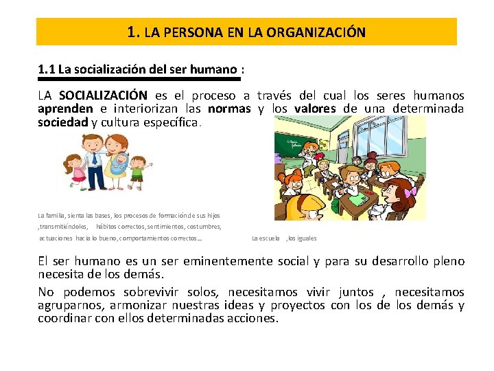 1. LA PERSONA EN LA ORGANIZACIÓN 1. 1 La socialización del ser humano :