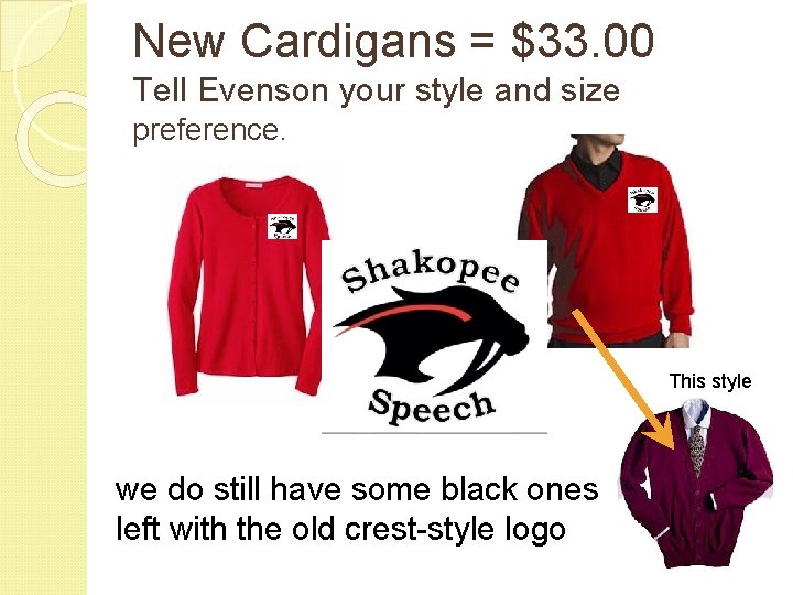 New Cardigans = $33. 00 Tell Evenson your style and size preference. This style