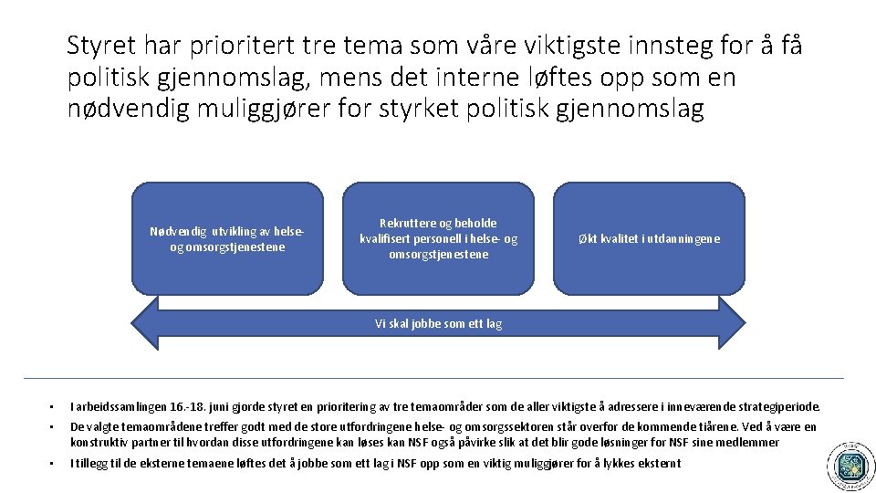 Styret har prioritert tre tema som våre viktigste innsteg for å få politisk gjennomslag,