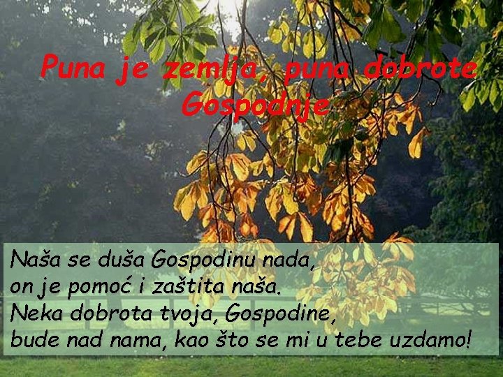 Puna je zemlja, puna dobrote Gospodnje Naša se duša Gospodinu nada, on je pomoć Puna je zemlja, puna dobrote Gospodnje Naša se duša Gospodinu nada, on je pomoć
