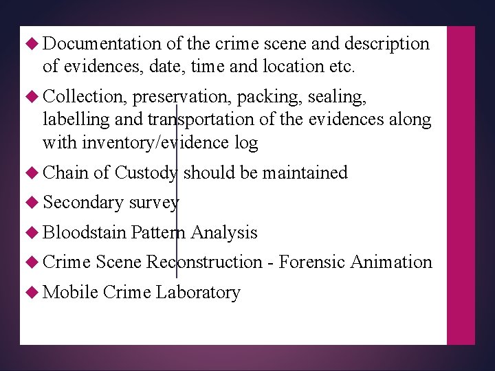  Documentation of the crime scene and description of evidences, date, time and location