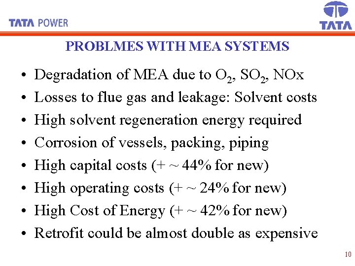 PROBLMES WITH MEA SYSTEMS • • Degradation of MEA due to O 2, SO