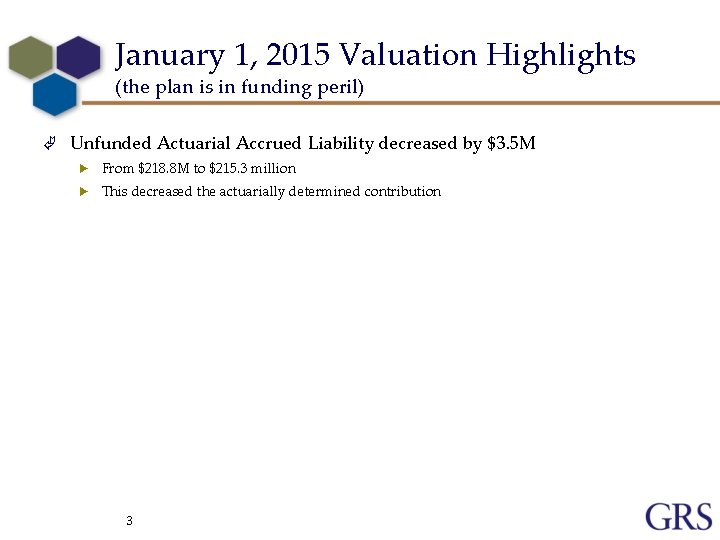 January 1, 2015 Valuation Highlights (the plan is in funding peril) Ã Unfunded Actuarial