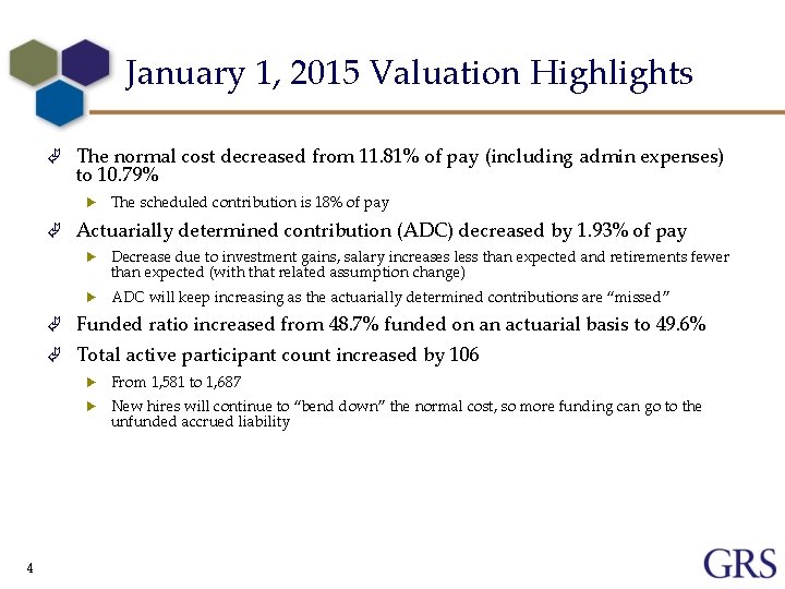 January 1, 2015 Valuation Highlights Ã The normal cost decreased from 11. 81% of