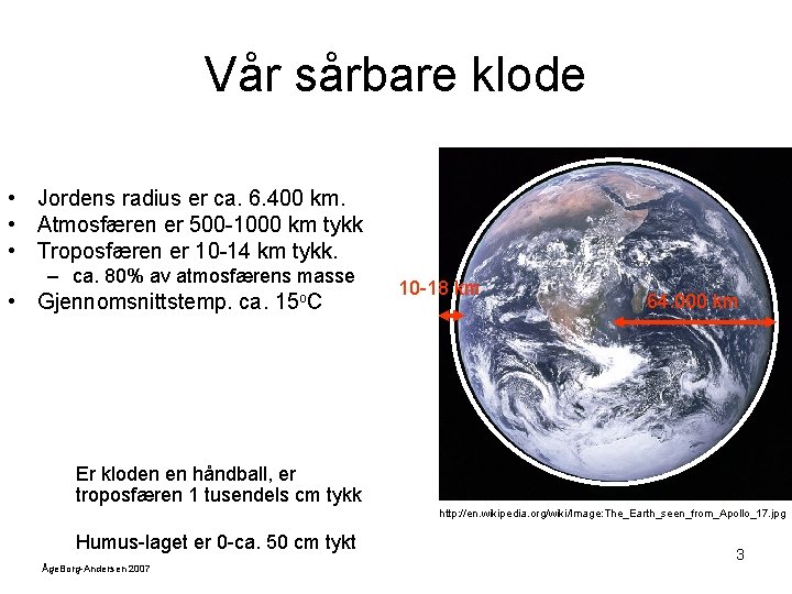 Vår sårbare klode • Jordens radius er ca. 6. 400 km. • Atmosfæren er