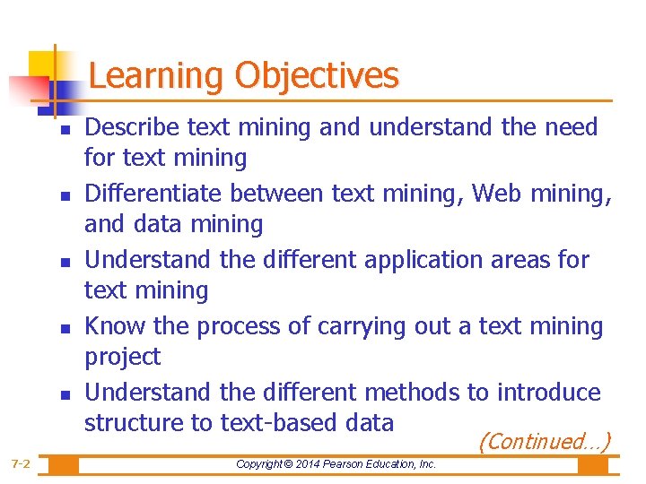 Learning Objectives n n n Describe text mining and understand the need for text