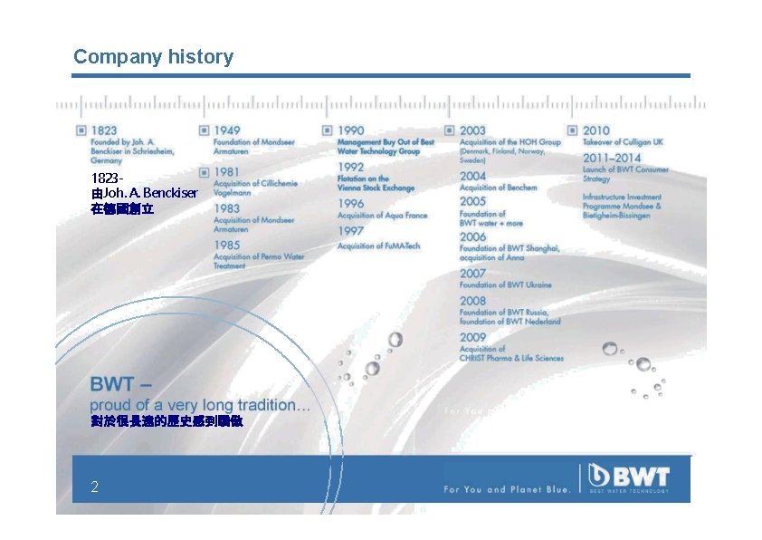 Company history 1823由Joh. A. Benckiser 在德國創立 對於很長遠的歷史感到驕傲 2 