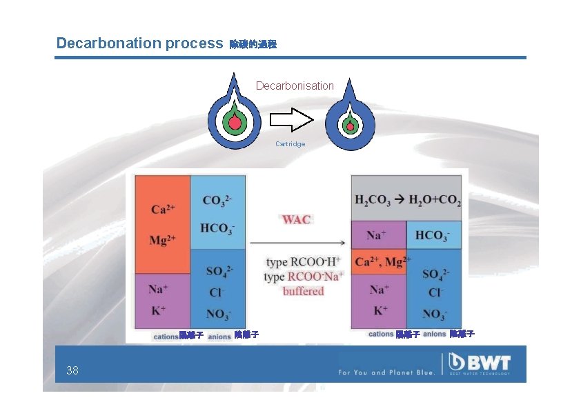 Decarbonation process 除碳的過程 Decarbonisation Cartridge 陽離子 38 陰離子 陽離子 陰離子 