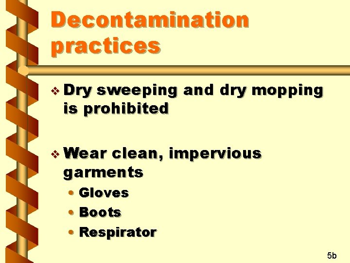 Decontamination practices v Dry sweeping and dry mopping is prohibited v Wear clean, impervious